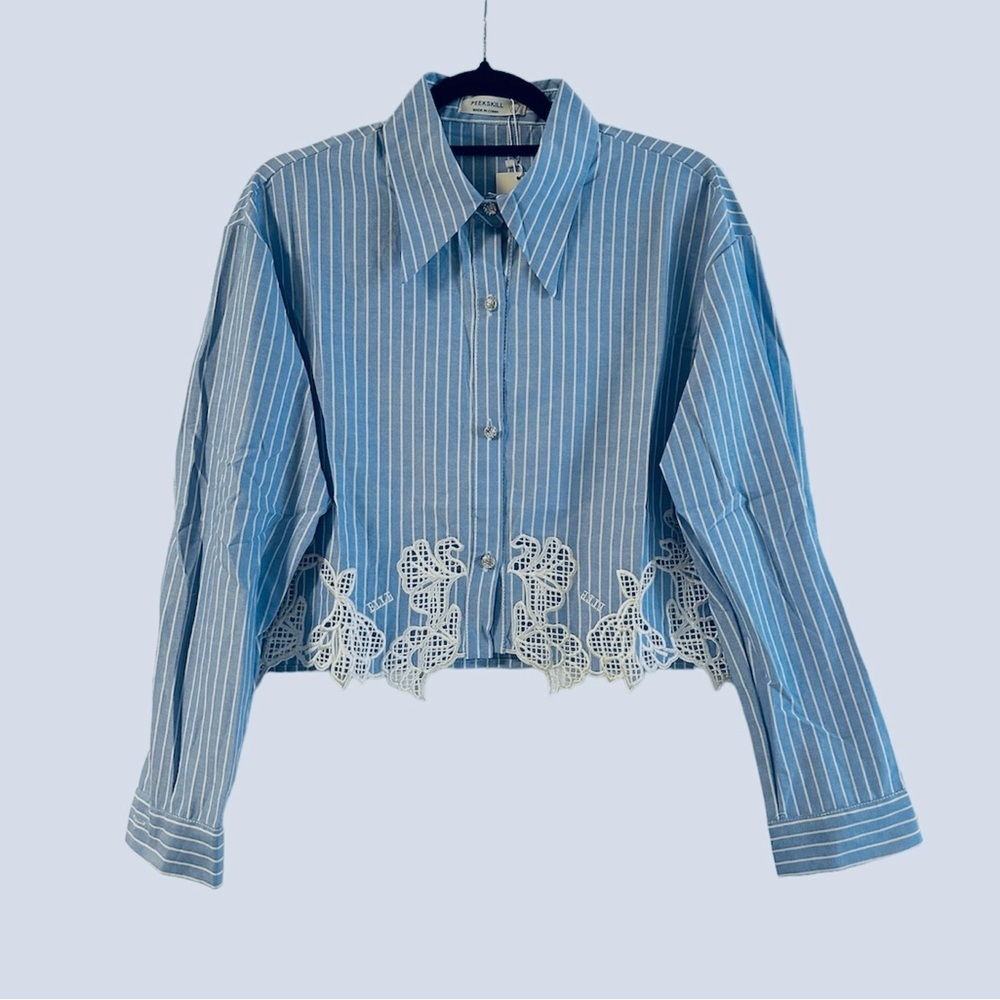 959. Embroidered Pinstripe Rhinestone Buttons Shirt